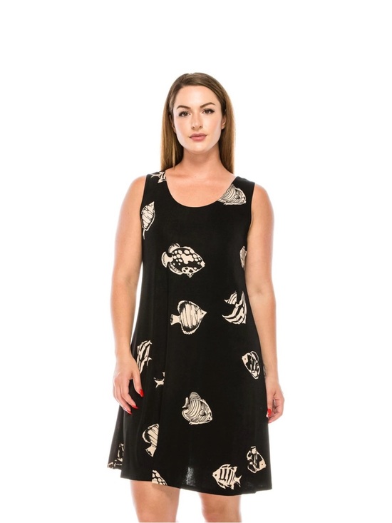 Jostar Dresses & Skirts - Stretchy Black Tank Dress with Taupe Abstract Fish Print